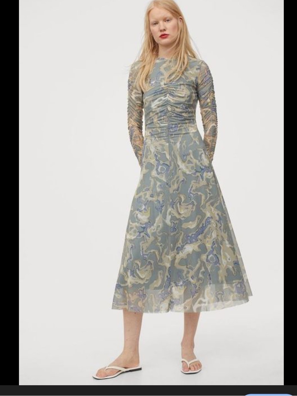 H&M Ruched Long-Sleeve Midi Dress in Soft Blue Marble NWOT